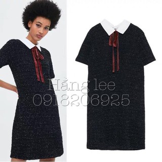 Váy phối cổ sơ mi nơ đỏ