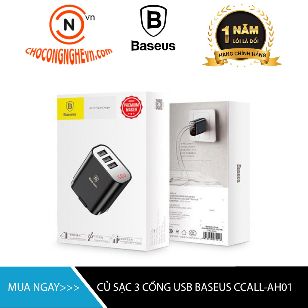 Củ Sạc Nhanh 3 Cổng USB - Sạc 3 thiết bị cùng lúc - Mặt Kính Có Đèn Led Baseus CCALL-AH02- Hàng Chính Hãng