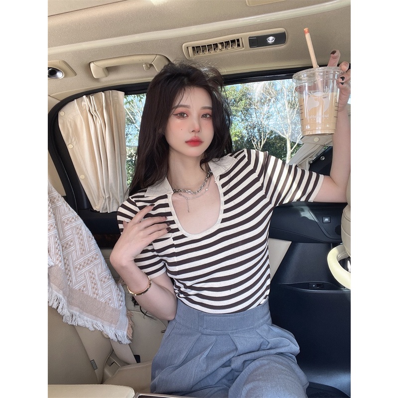 Áo kiểu ZHELIHANGFEI dệt kim tay ngắn cổ chữ U họa tiết kẻ sọc phong cách quyến rũ thời trang dành cho nữ