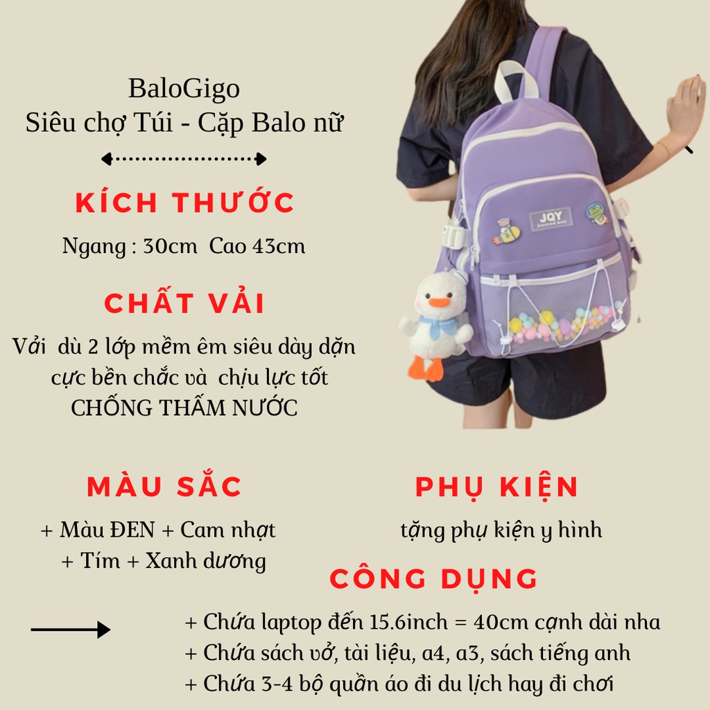 Cặp đi học nữ cho học sinh cấp 2 cấp 3 tặng kèm 2 sticker + đồ trang trí y hình (không móc) G204 - BaloGigo
