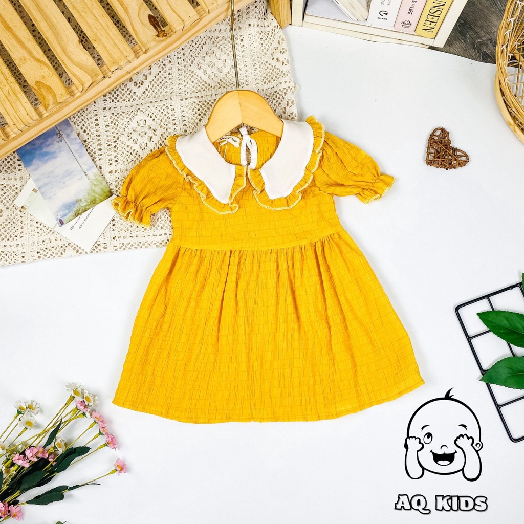 [Bé:20-32kg] Đầm Tiểu Thư Bé Gái MINLYBABY Vải đũi Nhẹ Mát, Thiết Kế Cổ Bẻ &amp; Tay Bó Chỉ Thun Gọn Gàng Unibaby DTT