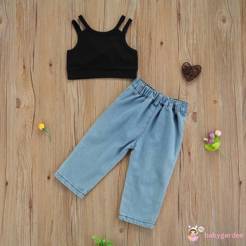 Set Áo hai dây + Quần Jeans Lưng Cao Thời Trang Mùa Hè Cho Bé Gái 1-7 Tuổi