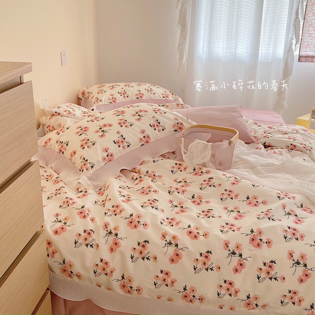 Bộ Chăn Ga Cotton Hoạt Tính Ren Bèo 4 Món Siêu Xinh
