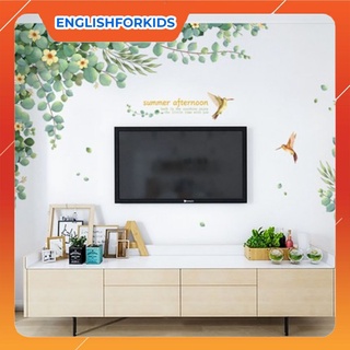 decal dán tường hàn quốc cao cấp tán lá xanh có hoa