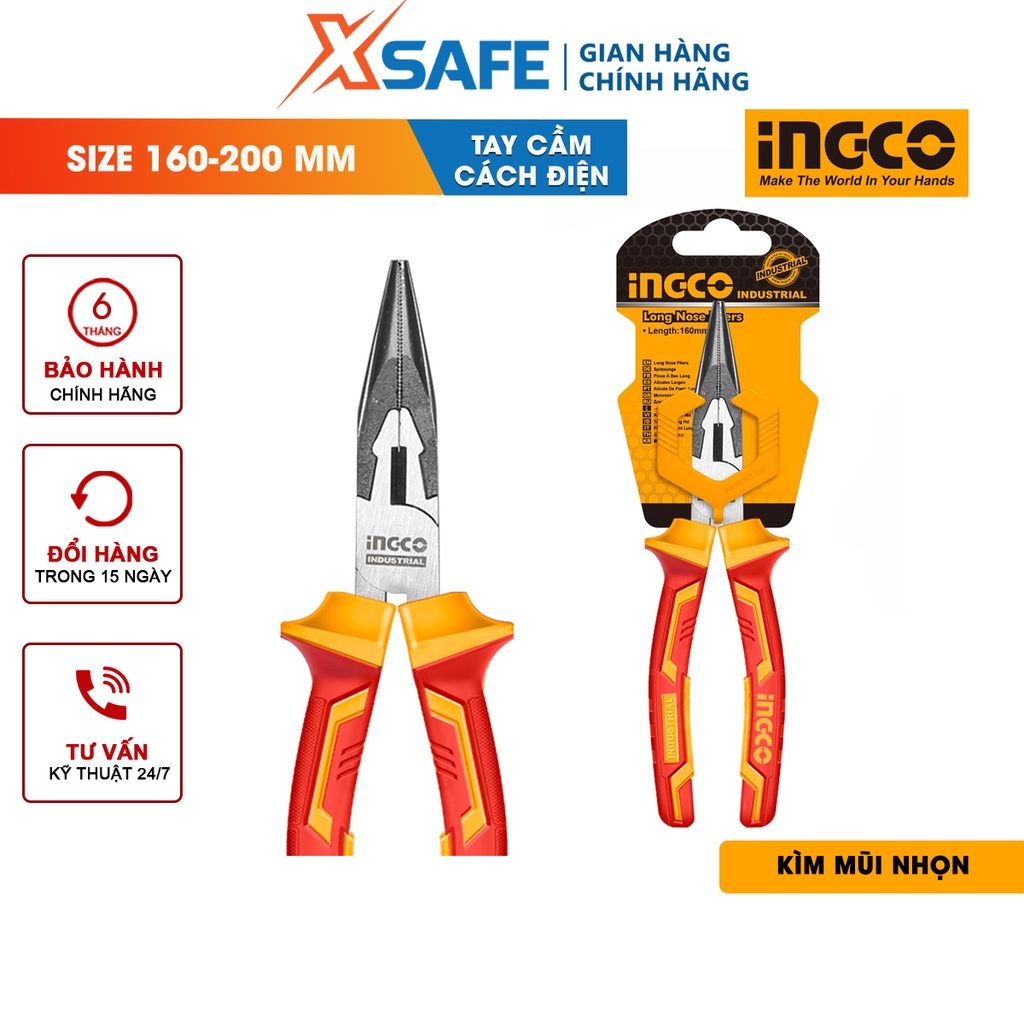 Kìm mũi nhọn cách điện INGCO 2 kích thước 6-8inch, đầu mạ đen đánh bóng, tay cầm cách điện lên đến 1000V
