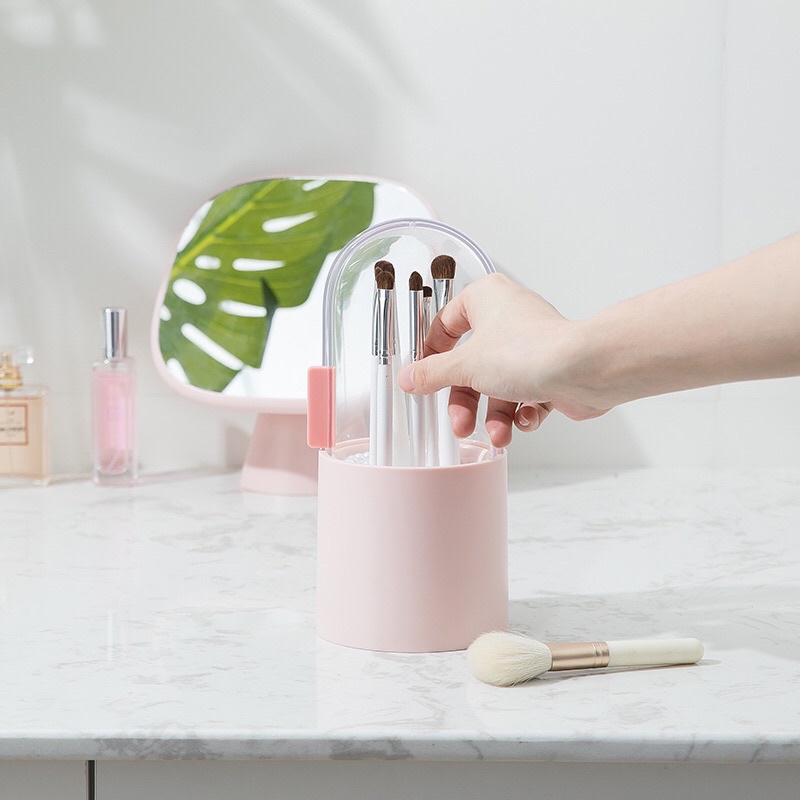 Hộp Cắm Cọ Trang Điểm Để Bàn Có Nắp Đậy Chống Bụi Tặng Kèm Hạt Giả Ngọc Trai