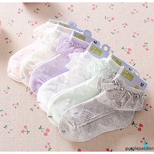 Vớ em bé gái sơ sinh thêu ren cổ phối lưới nhiều màu