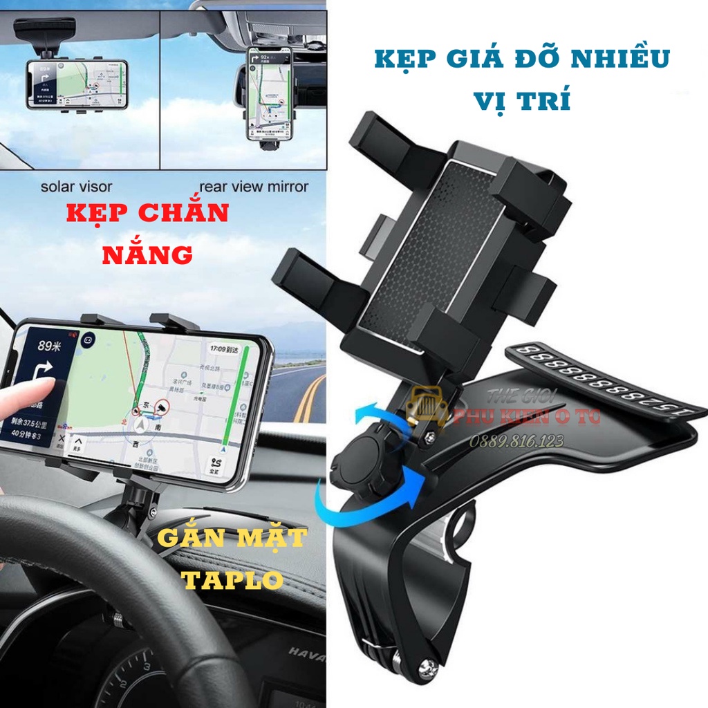 Giá đỡ kẹp điện thoại vô lăng để trên xe hơi ô tô xoay 360 độ, chống rung, treo đa điểm trên taplo, gương chiếu hậu