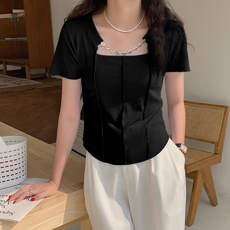 NZN Áo Thun Tay Ngắn Cổ Vuông Màu Sắc Đơn Giản Phong Cách Hàn Quốc Cho Nữ