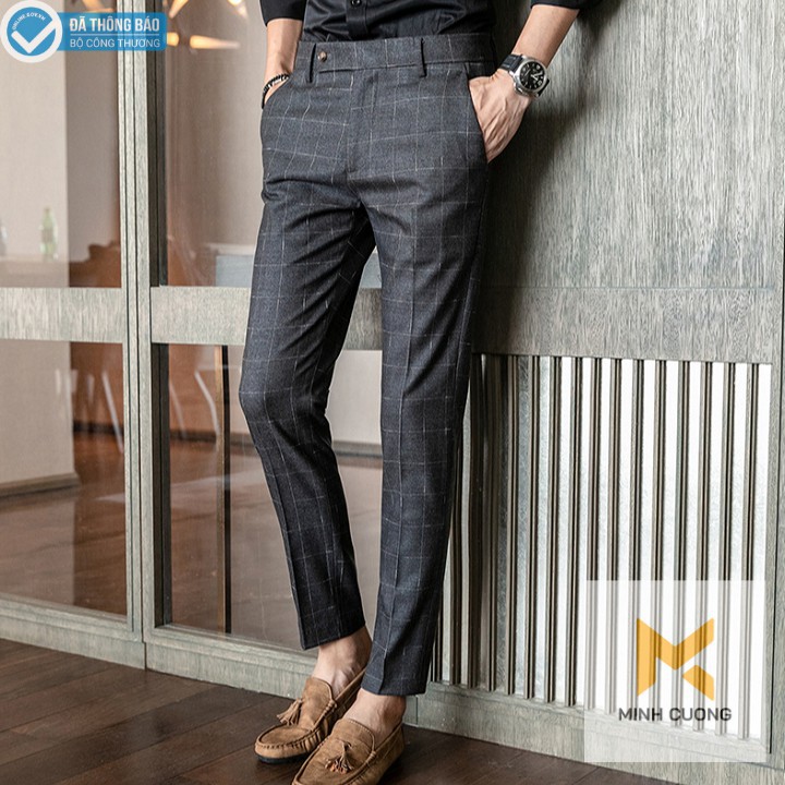 Domacushop. Quần tây nam kẻ caro , ống côn, vải cotton cao cấp phối siêu hợp với áo sơ mi, giày da Cực Đẹp