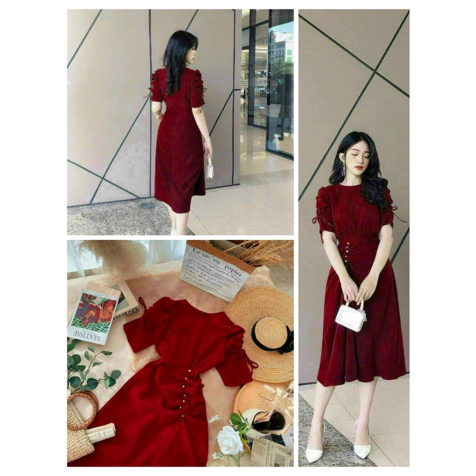Đầm váy nữ dáng xòe tay ngắn rút dây eo đính cườm xinh thời trang nữ