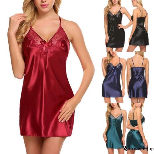 Đầm ngủ hai dây bằng lụa phối ren thoải mái thời trang quyến rũ cho nữ
