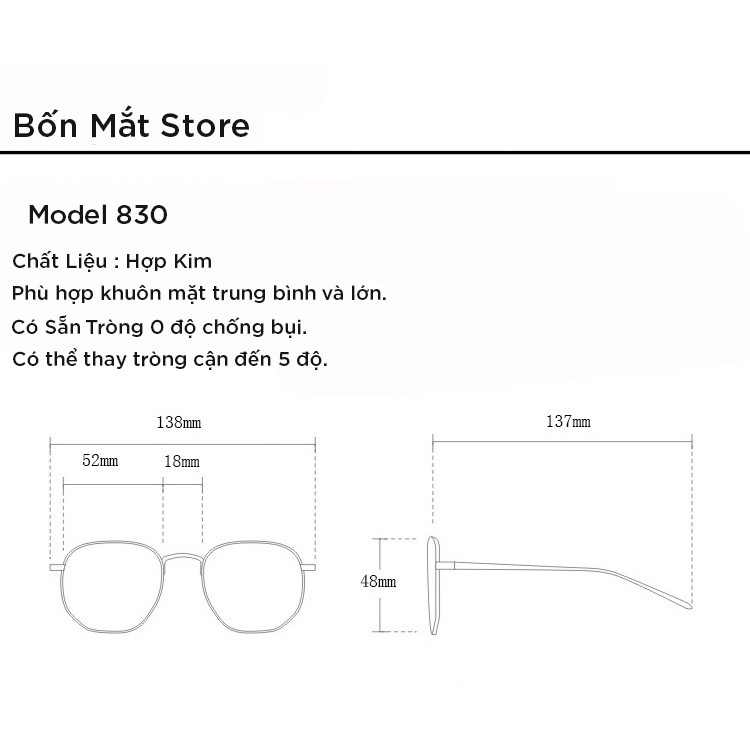 Gọng Kính Cận Kim Loại Form Tròn Bầu 830