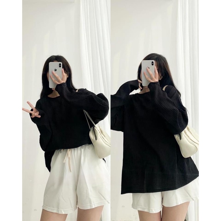 Áo Thun Nữ Cổ Tròn Dáng Suông Vải Xốp Gân Dài Tay 3 Màu Siêu Basic