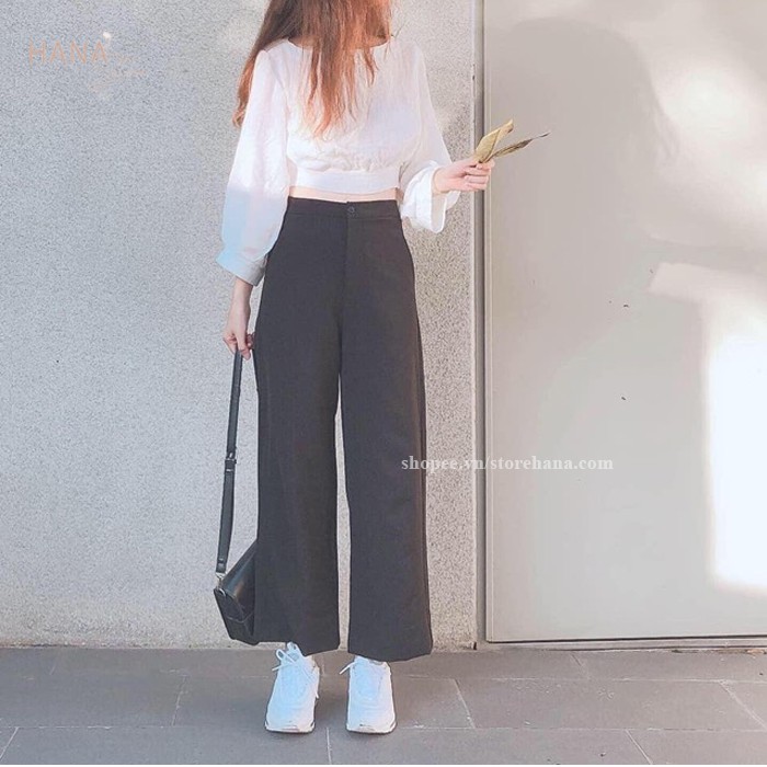 Quần đũi dài nữ ống rộng lưng thun cao - Dáng ống suông dài 100cm - Cúc cài Khóa thật - Màu trắng đen - Chất vải đũi xịn