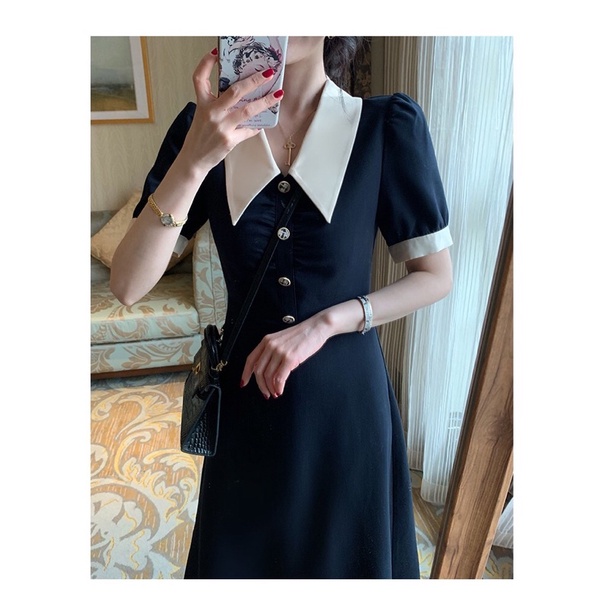 Đầm Váy Midi Đen Cổ Sen Phối Trắng Mặc Đi Làm Đi Chơi