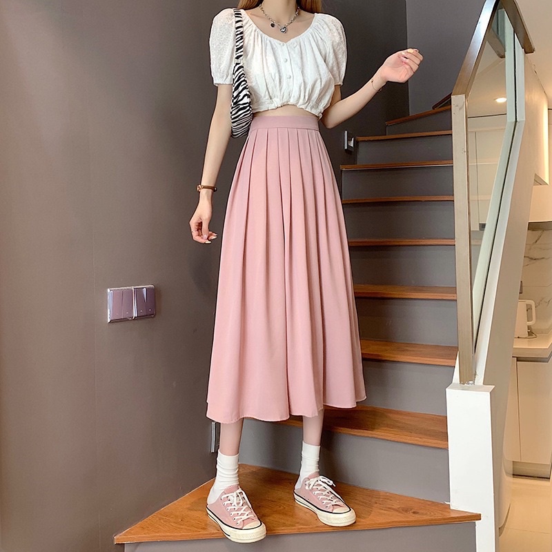 Shopbelinh - Chân Váy Midi Chữ A Lưng Cao Xếp Ly có chun sau lưng Phong Cách Hàn Quốc Thời Trang Cho Nữ