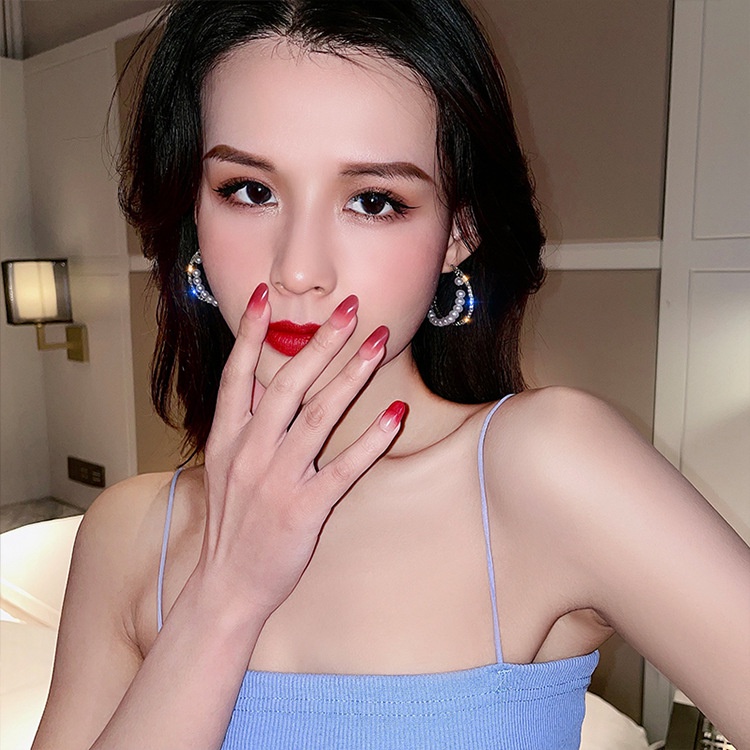 Bông Tai Mạ Bạc 925 Hình Chữ C Đính Ngọc Trai Lấp Lánh Phong Cách Hàn Quốc