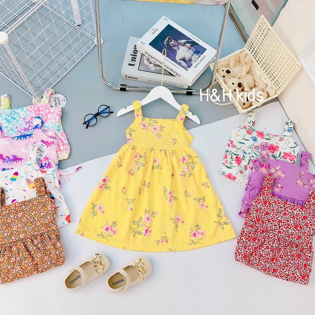 [ Bé 10-20kg ] Đầm váy cotton xuất 2 dây bảng to và 2 dây cánh tiên nơ to trước ngực cho bé gái