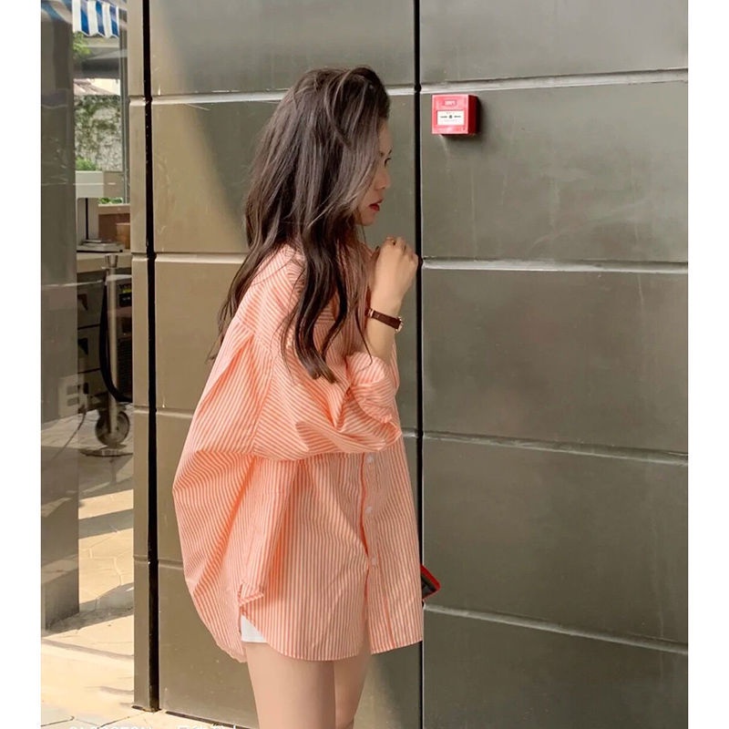 Girl's long shirt Striped loose shirtS fashion Korean casual tops academy style Student thin coat