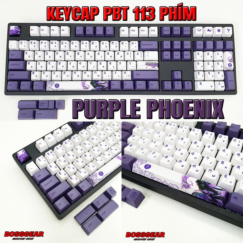 Keycap 113 Phím PBT Dye Sub Phượng Hoàng Tím purple phoenix ( Thick PBT, OEM Profile, Ansi Layout)