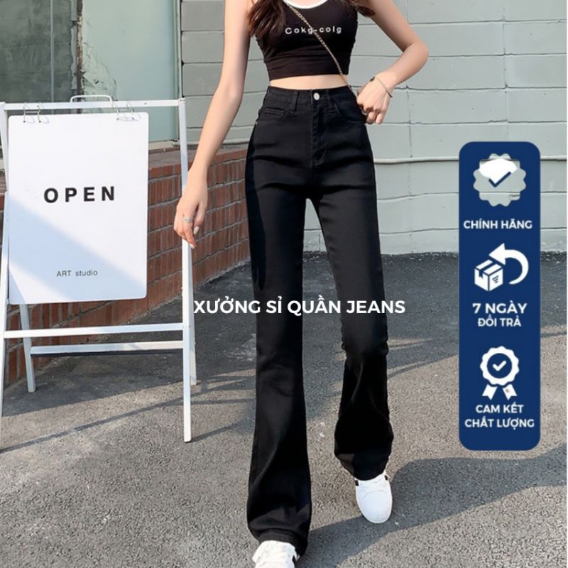 Quần jeans loe cạp cao phom dài may gấu chất bò dãn hack chân | BigBuy360 - bigbuy360.vn