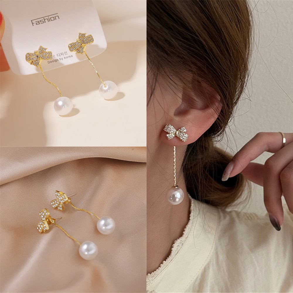 Bông tai hợp kim dáng dài đính nơ phối ngọc trai thanh lịch cho nữ