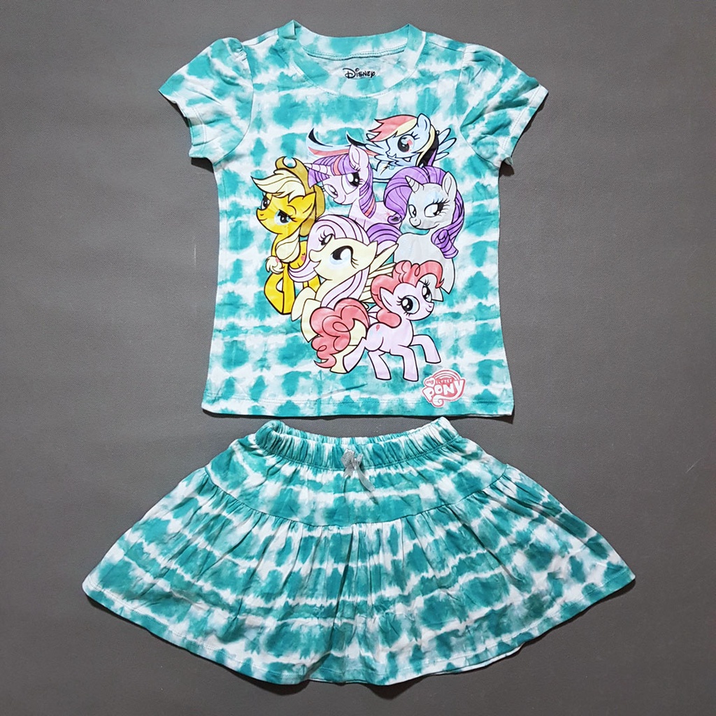Bộ áo thun quần váy cotton loang màu mát mẻ dễ thương hình in pony unicorn bé gái