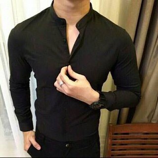 Sơ mi nam cổ tàu dáng ôm body hàn quốc vải mịn mát, áo sơ mi cổ trụ không nhăn