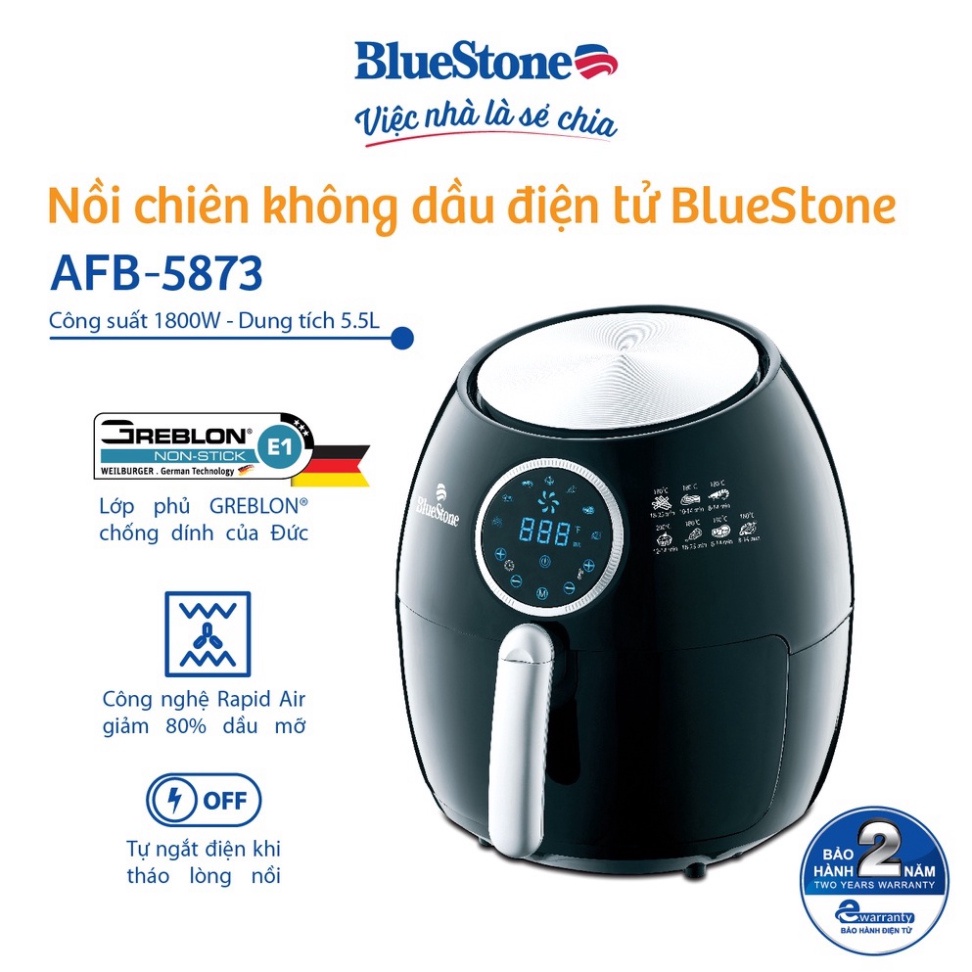 Nồi chiên không dầu điện tử 5.5L BlueStone AFB-5873-Hàng Chính Hãng BH 24 Tháng