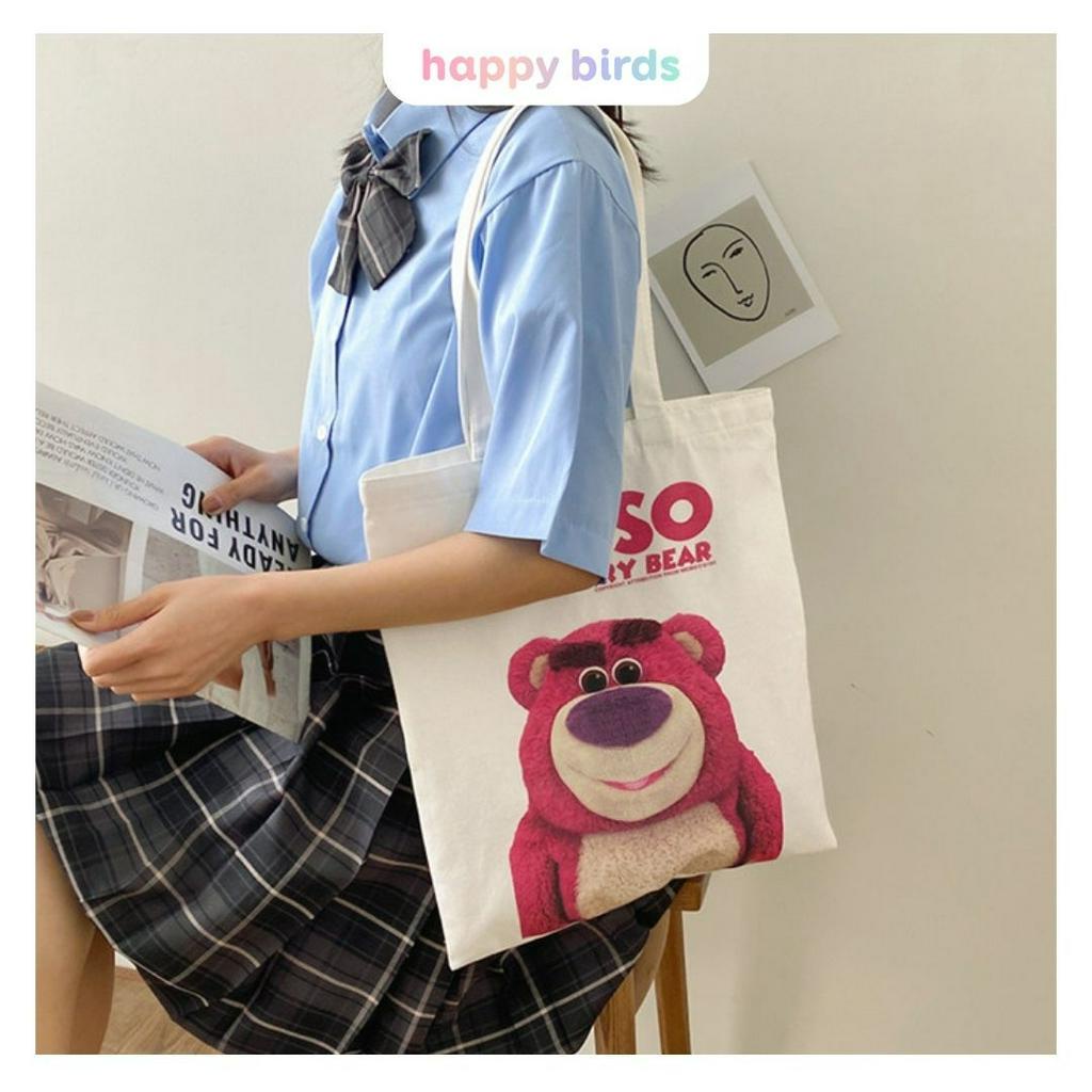 Túi tote vải canvas đeo vai hoạt hình gấu dâu vải bố canvas đựng đồ đi học thêm đi chơi phong cách Hàn Quốc HappyBirds