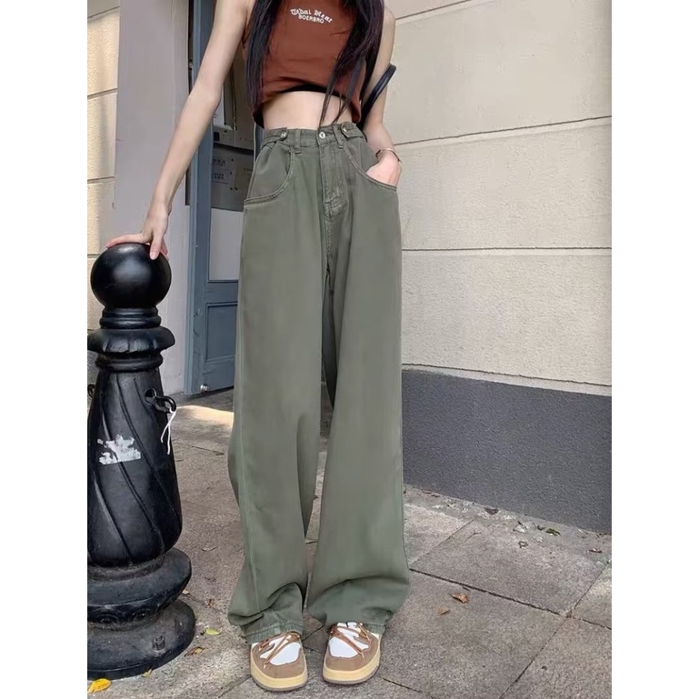 Quần jean Daduhey lưng cao ống rộng màu xanh lá retro thời trang phong cách Hàn Quốc cho nữ