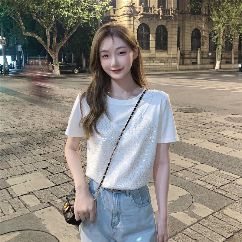 Áo Thun Tay Ngắn Cổ Tròn Đính Kim Sa Lấp Lánh Thời Trang Hàn Quốc Cá Tính
