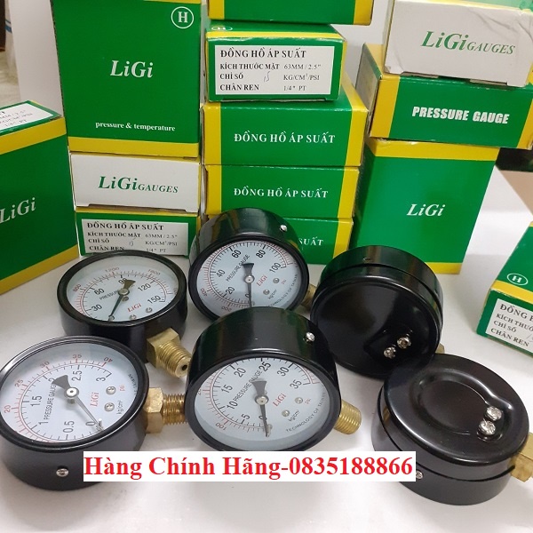 Đồng hồ đo áp suất, áp lực nước hơi khí nén LiGi loại 250kg/cm2 mặt 63mm Chân ren 13mm