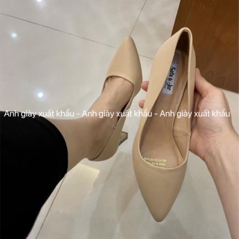CG44 - Giày cao gót Sata&amp;Jor da lì gót vuông 7p viền kim loại cực chắc chắn