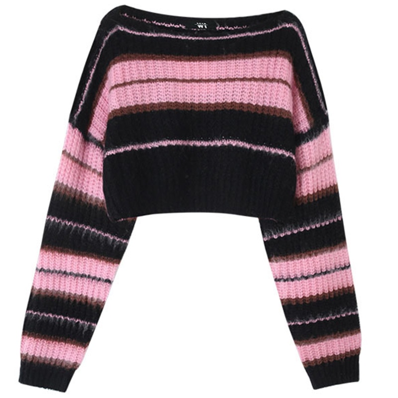 Áo Len Croptop Trễ Vai Tay Dài Họa Tiết Kẻ Sọc Đen Hồng Thời Trang Cho Nữ