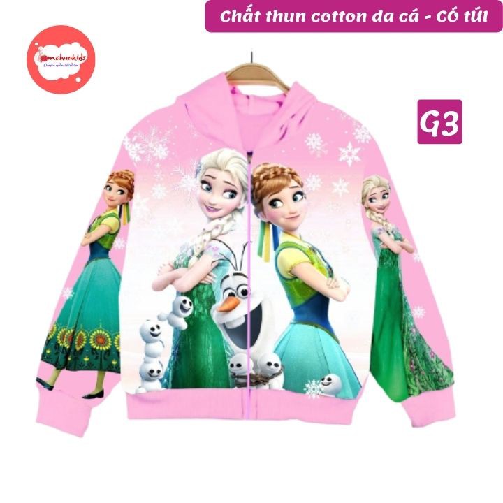 Áo khoác bé gái hình Elsa từ 10-43kg -Thun cotton da cá - Tomchuakids