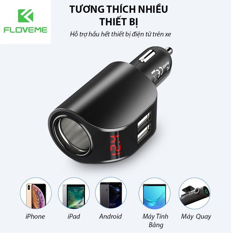 Bộ Sạc Trên Xe Hơi FLOVEME 5V 3.1A, 2 Cổng USB, Hiển Thị Kỹ Thuật Số, Dùng Cho Điện Thoại Di Động, Nhanh Máy Tính Bảng