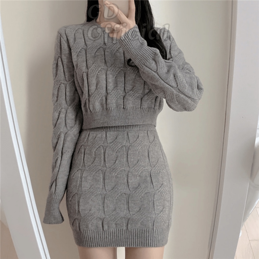 L77|Áo len croptop dệt kim dáng ngắn dài tay cho nữ, váy ôm body vặn thừng cạp lưng cao màu trắng, xám GD Official