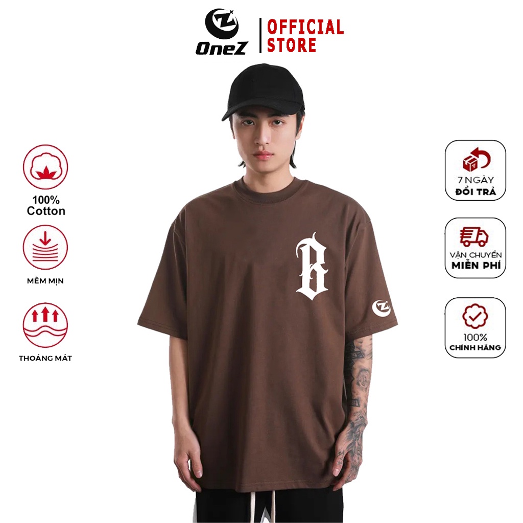 Áo thun basic tay lỡ form rộng unisex OneZ logo B màu nâu