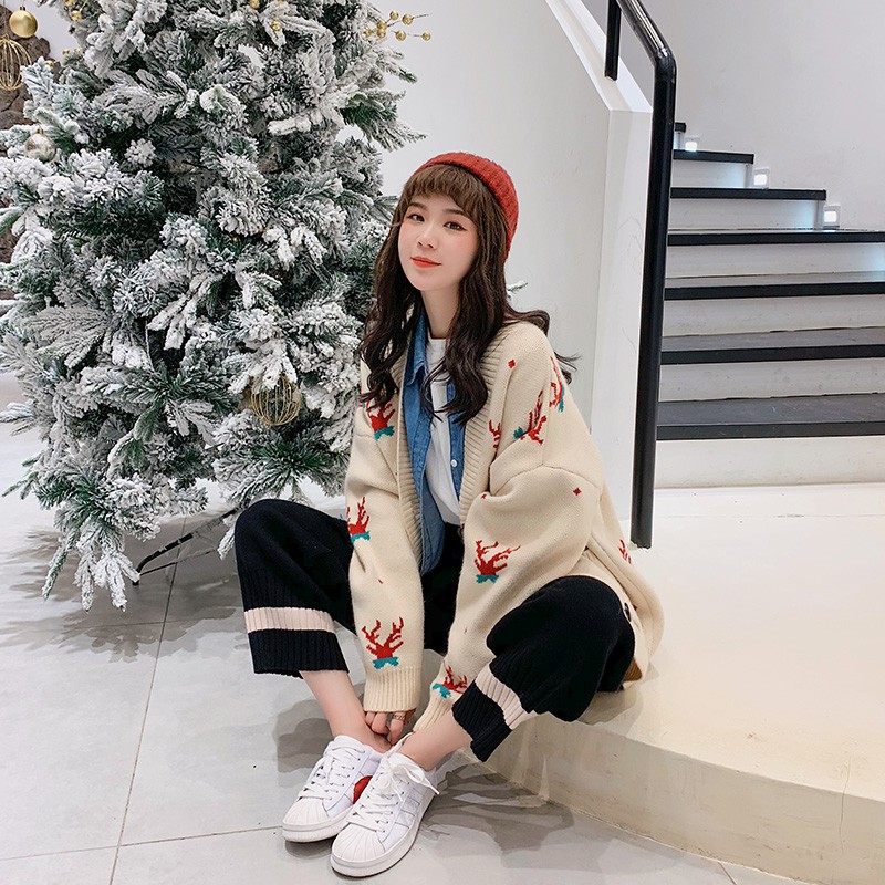 Áo khoác len Cardigan nữ hình Tuần Lộc Giáng Sinh - Có ảnh thật