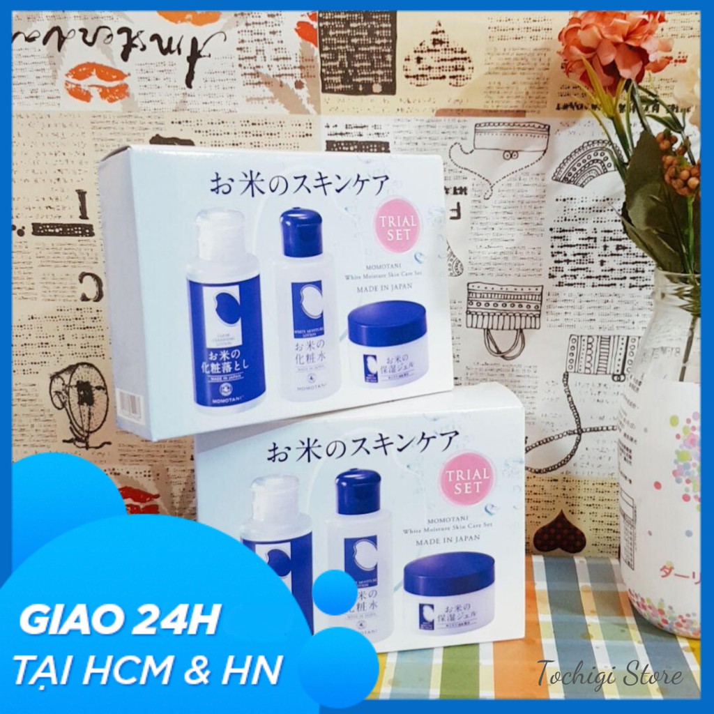 Set Mini Tẩy trang, Tonner, Kem dưỡng trắng da gạo hữu cơ MOMOTANI Meishoku Nhật Bản