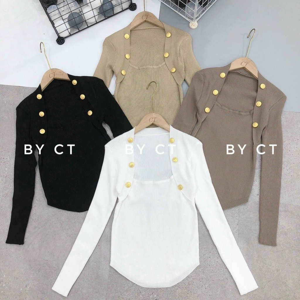 Áo len cổ vuông Trơn/Khuy cách điệu dài tay SIÊU RẺ ( ảnh thật tự chụp) | BigBuy360 - bigbuy360.vn