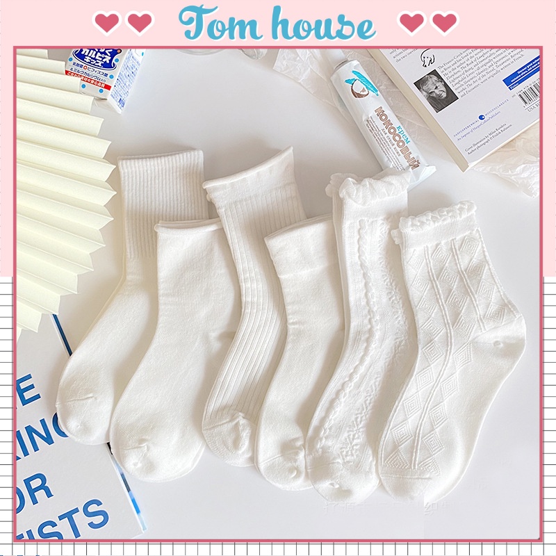 Tất vớ nữ cao cổ set 5 đôi họa tiết ren trắng cute dễ thương phong cách Hàn Quốc Tom House