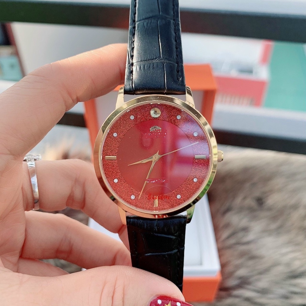 Đồng hồ đôi nam dây da ORT38 mặt xanh đỏ viền bạc vàng dây nâu đen chống nước