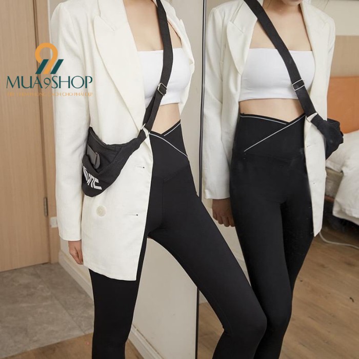 Quần legging nữ cạp chéo lưng cạp cao Mua9shop co giãn vải đẹp