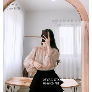 Áo organza cổ bèo tay rộng kèm 2 dây