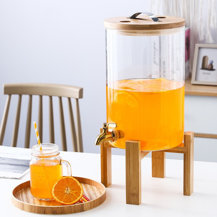 Bình thủy tinh cao cấp có vòi rót - Bình thủy tinh có vòi kèm chân gỗ đựng nước trái cây, nước detox, nước lọc tiện lợi