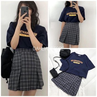 Set Chân Váy Kẻ 1950 Retro Nữ [FREESHIP] 🌸 Bộ đồ áo thun in hình kèm đầm mini zip caro vintage Ulzzang HOT 🌸
