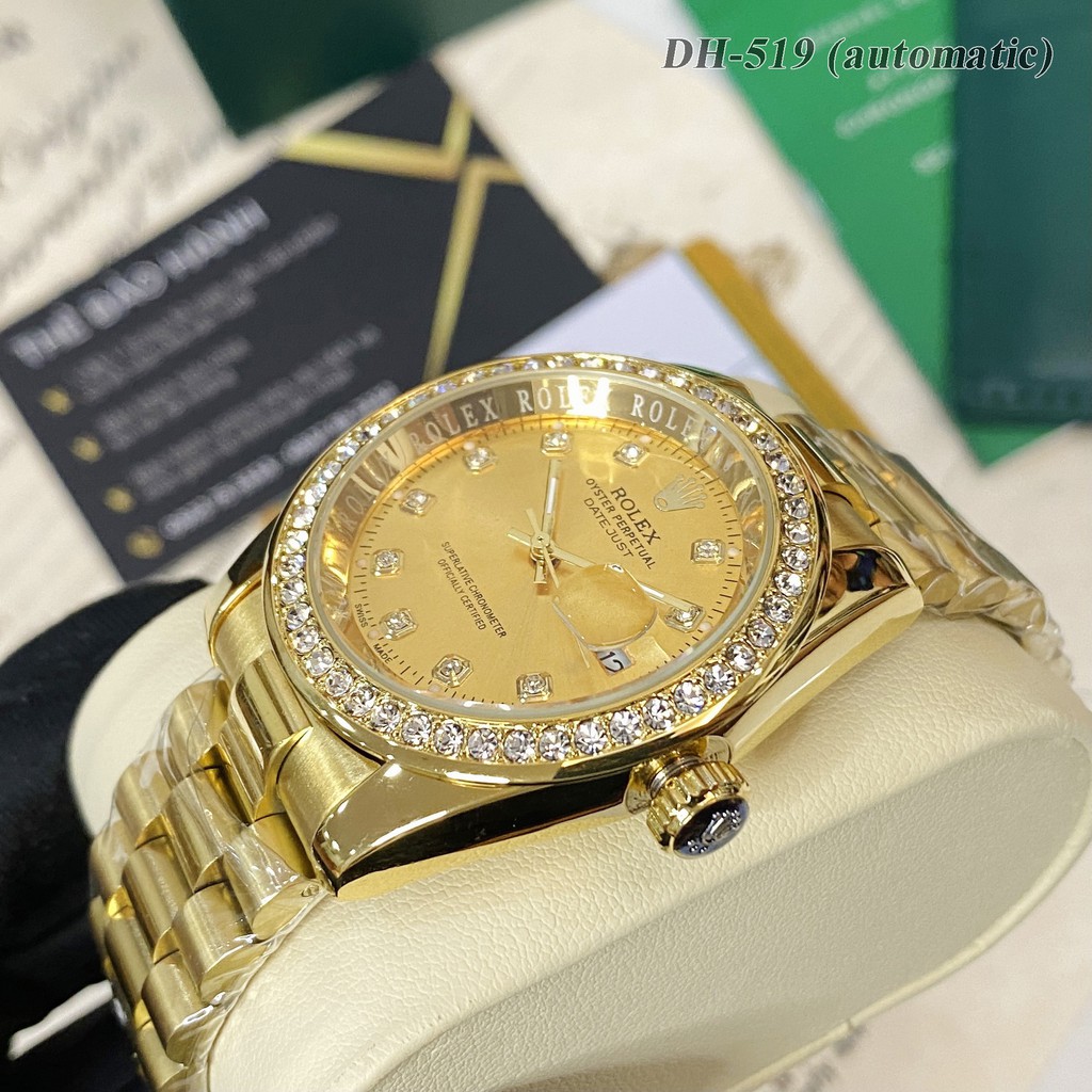 Đồng hồ nam Rolex viền đá mặt tròn chống nước, máy cơ automatic bảo hành 12m DH1519 sieucap64